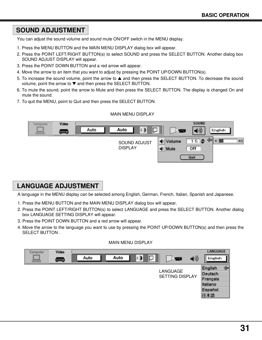 BOXLIGHT MP-37t manual Sound Adjustment, Language Adjustment, Sound Adjust Display, Select Button Main Menu Display 