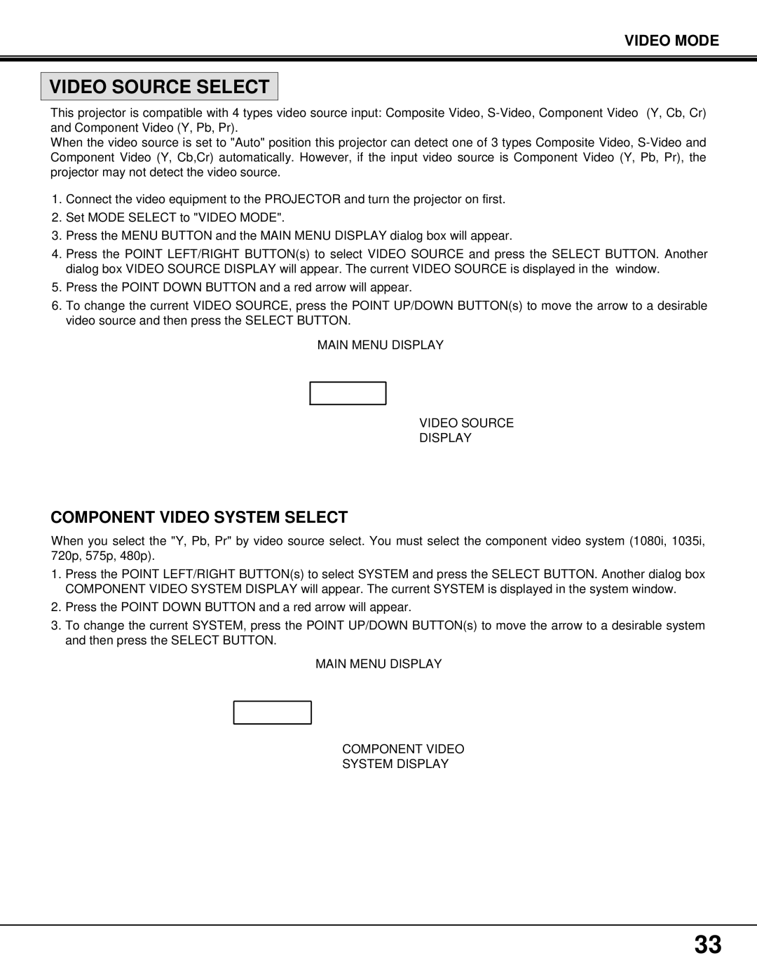 BOXLIGHT MP-37t manual Video Source Select, Component Video System Select, Main Menu Display Video Source 