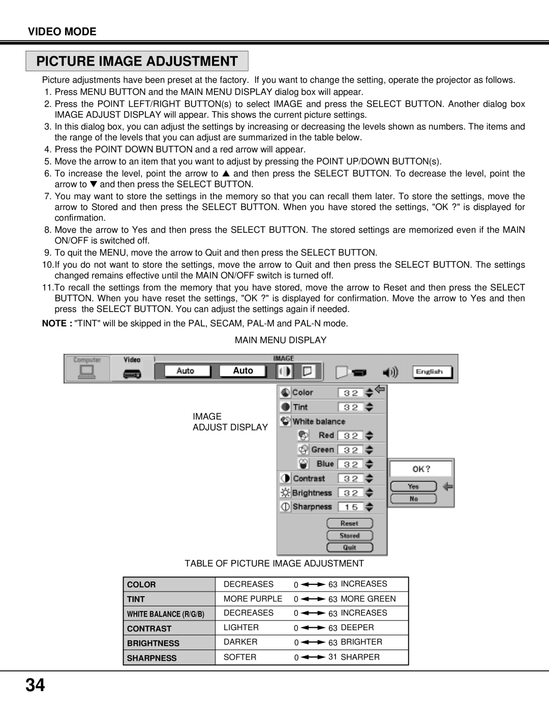 BOXLIGHT MP-37t manual Image Adjust Display Table of Picture Image Adjustment 