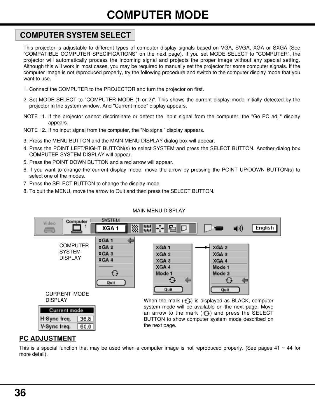 BOXLIGHT MP-37t manual Computer Mode, Computer System Select, PC Adjustment 