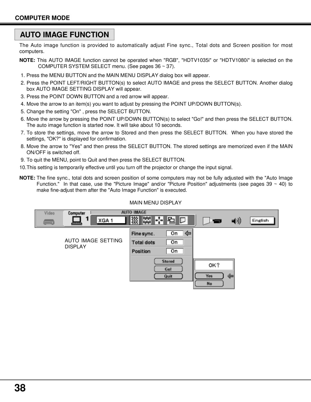 BOXLIGHT MP-37t manual Auto Image Function, Main Menu Display Auto Image Setting 