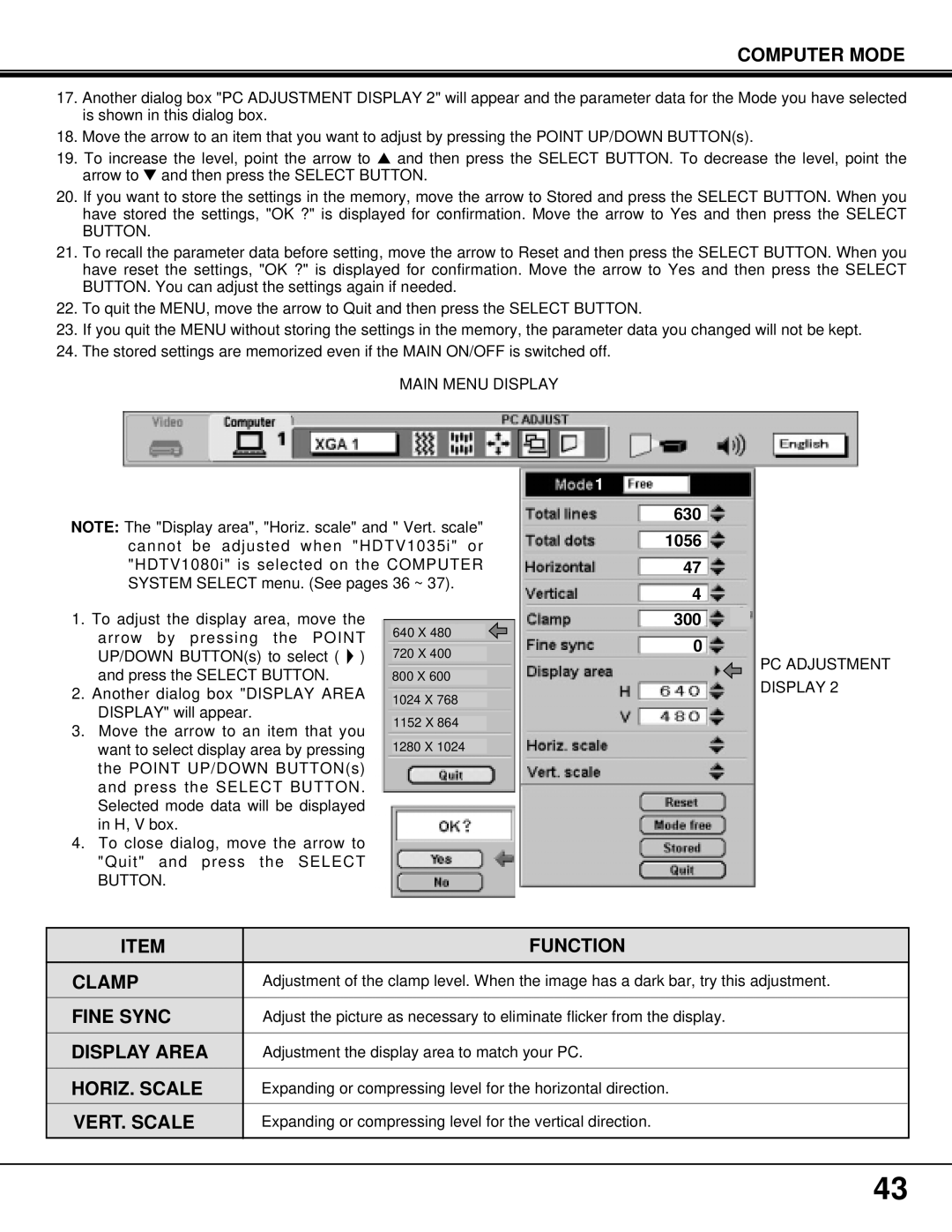 BOXLIGHT MP-37t manual 630 1056, PC Adjustment Display 