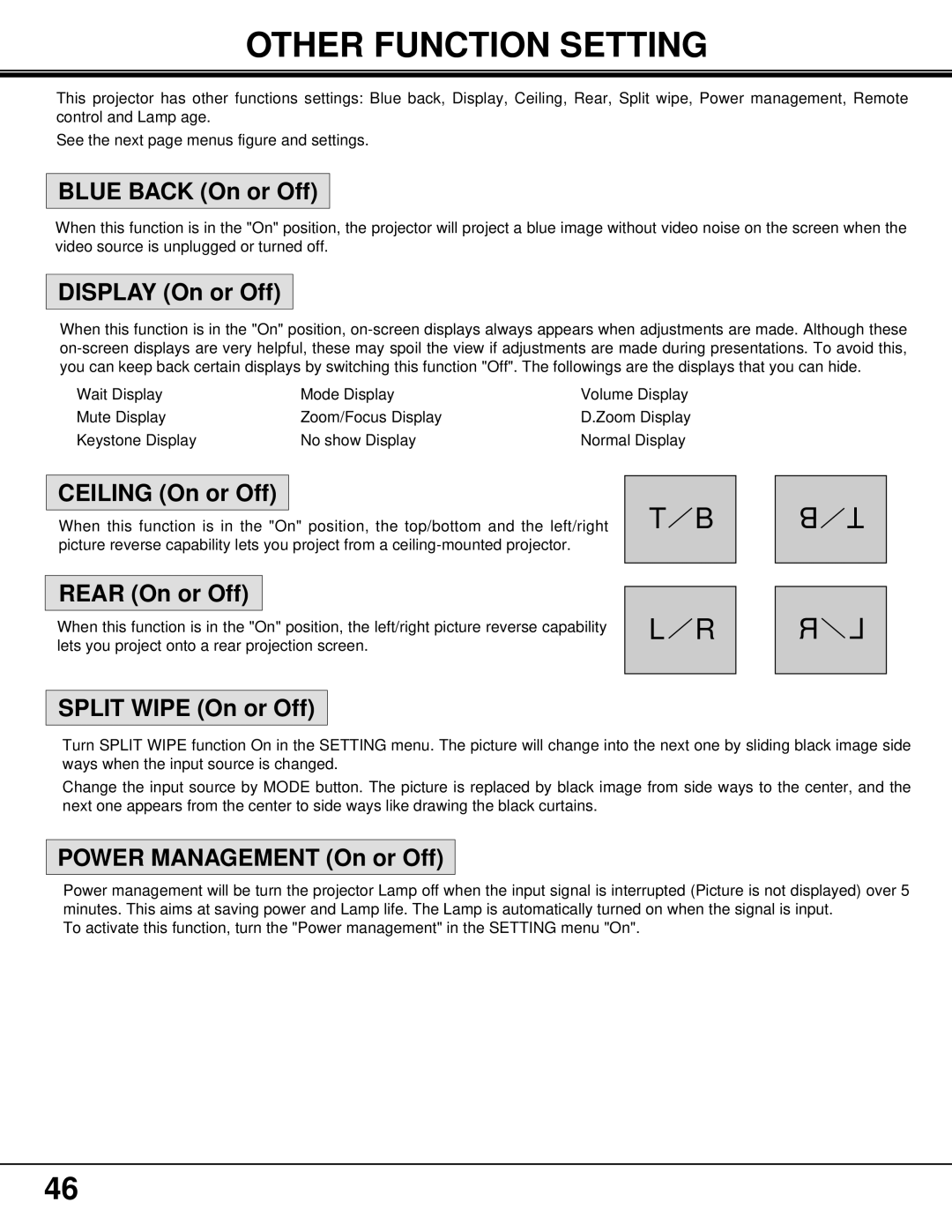 BOXLIGHT MP-37t manual Other Function Setting, Blue Back On or Off 