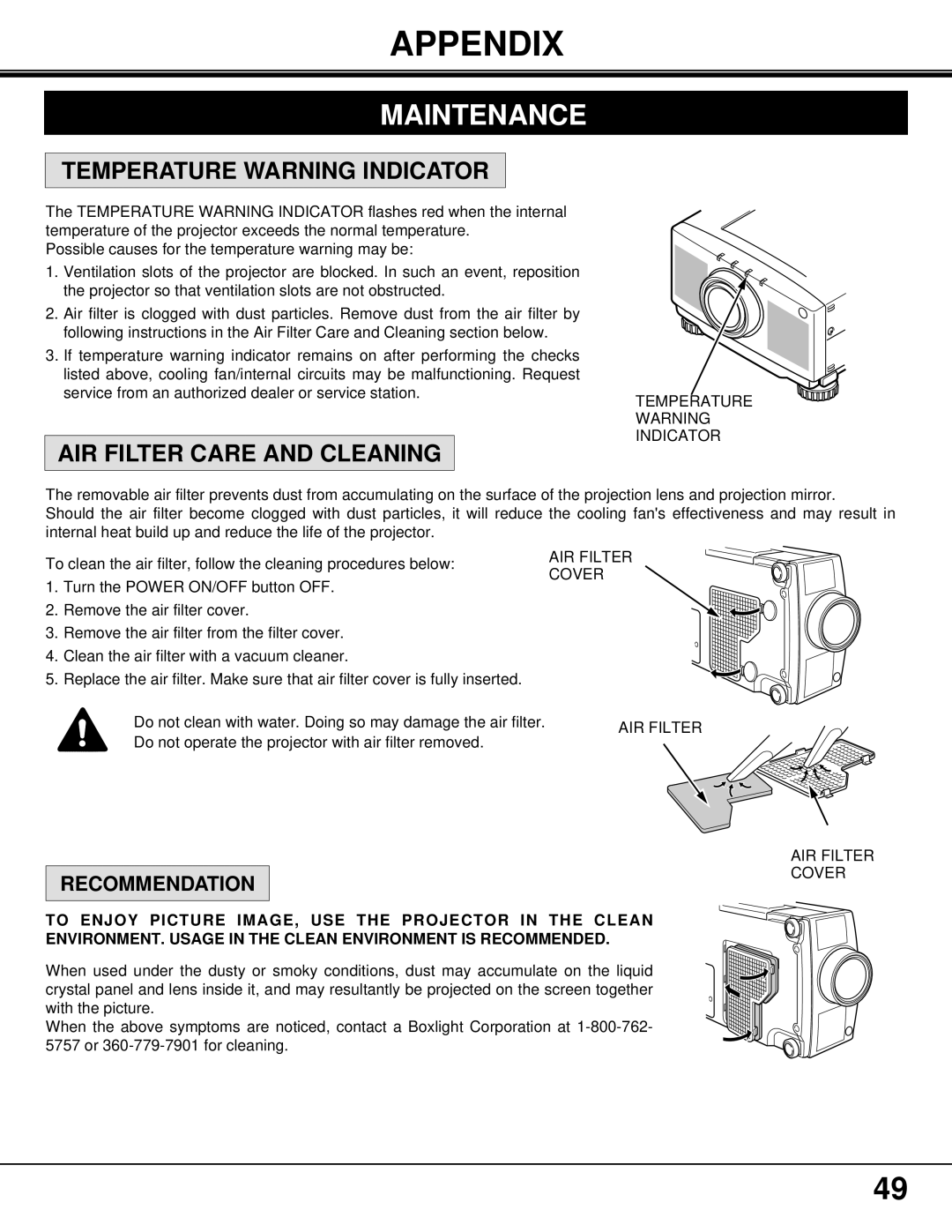 BOXLIGHT MP-37t manual Appendix, Maintenance, Temperature Warning Indicator, AIR Filter Care and Cleaning, Recommendation 