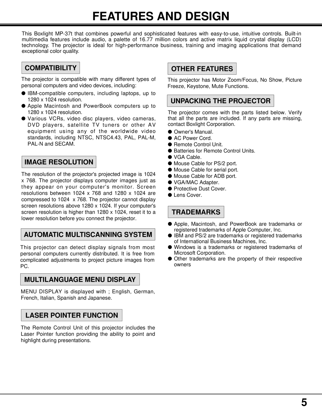 BOXLIGHT MP-37t manual Features and Design 