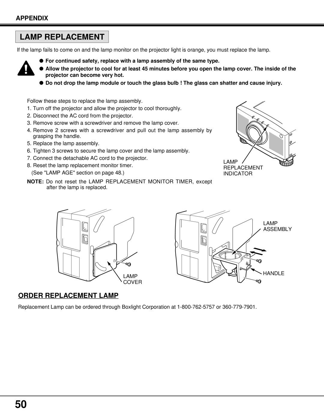 BOXLIGHT MP-37t manual Order Replacement Lamp, Lamp Replacement Indicator Cover, Lamp Assembly Handle 