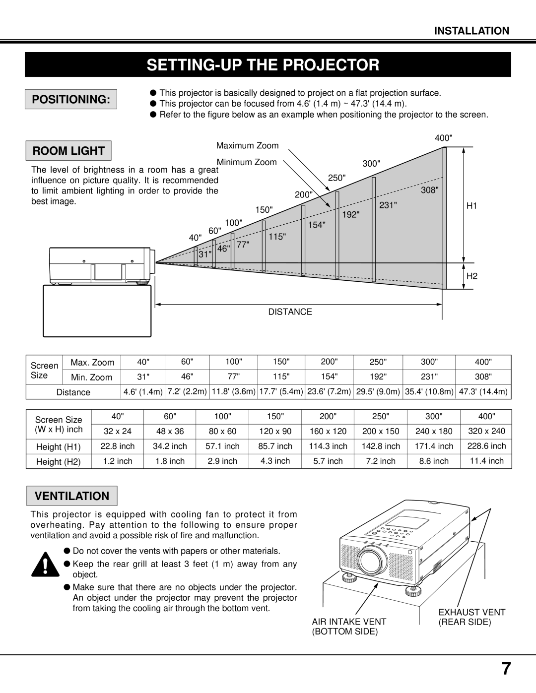 BOXLIGHT MP-37t manual SETTING-UP the Projector, Positioning, Room Light, Ventilation 