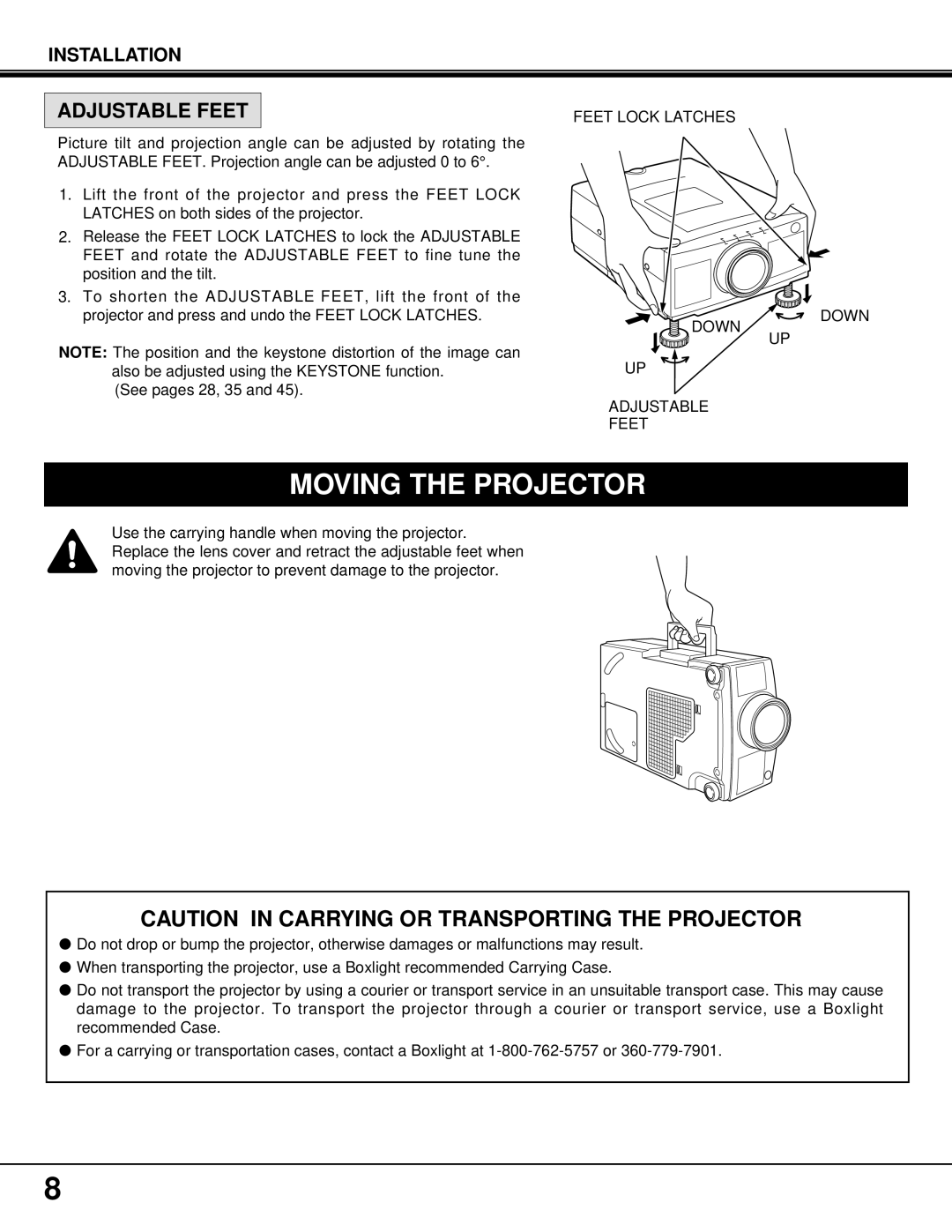 BOXLIGHT MP-37t manual Moving the Projector, Adjustable Feet, Feet Lock Latches Down 