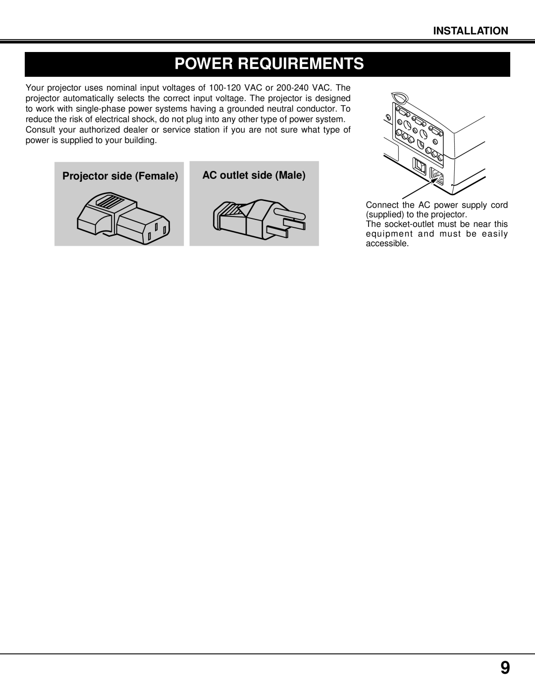 BOXLIGHT MP-37t manual Power Requirements, Projector side Female AC outlet side Male 