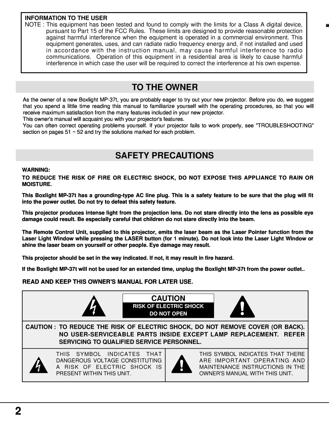 BOXLIGHT MP-37t To The Owner, Safety Precautions, Information To The User, Read And Keep This Owners Manual For Later Use 