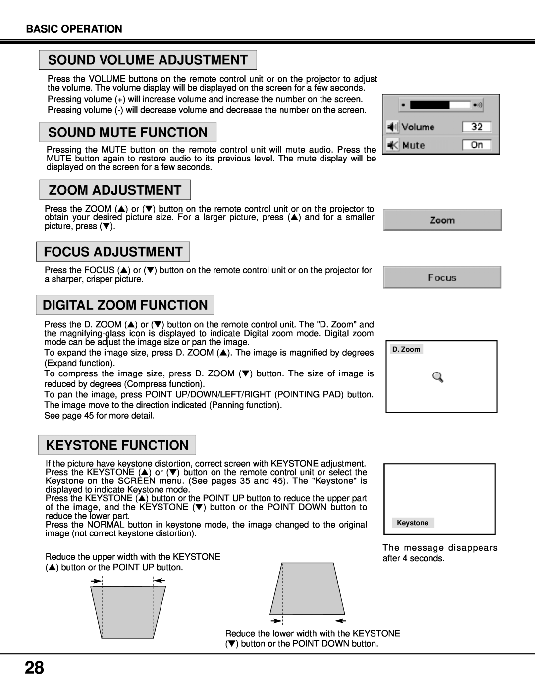 BOXLIGHT MP-37t Sound Volume Adjustment, Sound Mute Function, Zoom Adjustment, Focus Adjustment, Digital Zoom Function 