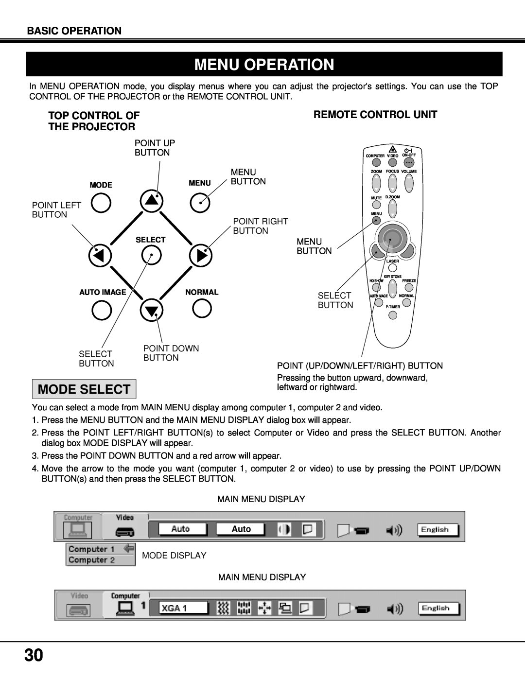 BOXLIGHT MP-37t manual Menu Operation, Mode Select, Basic Operation, Top Control Of The Projector, Remote Control Unit 