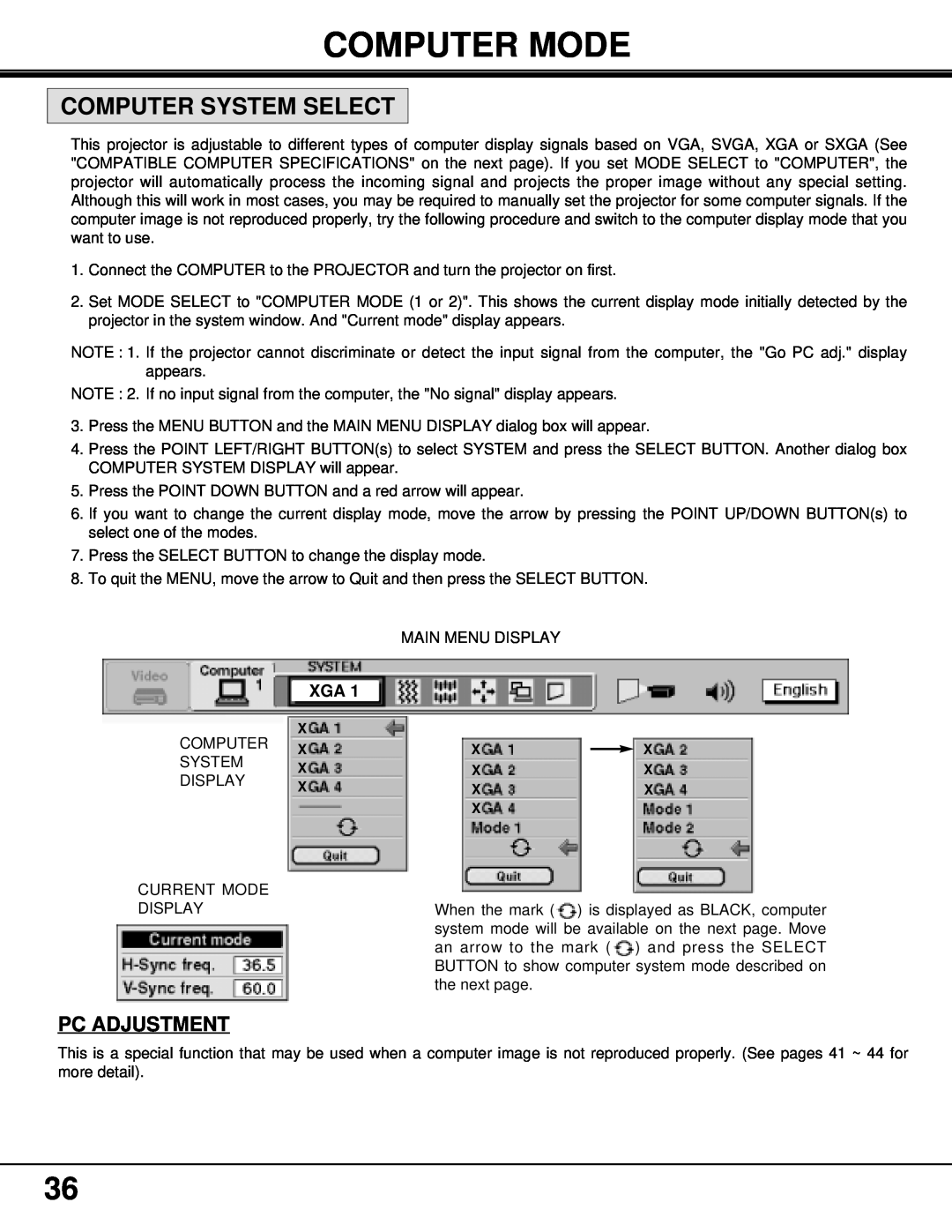 BOXLIGHT MP-37t manual Computer Mode, Computer System Select, Pc Adjustment 