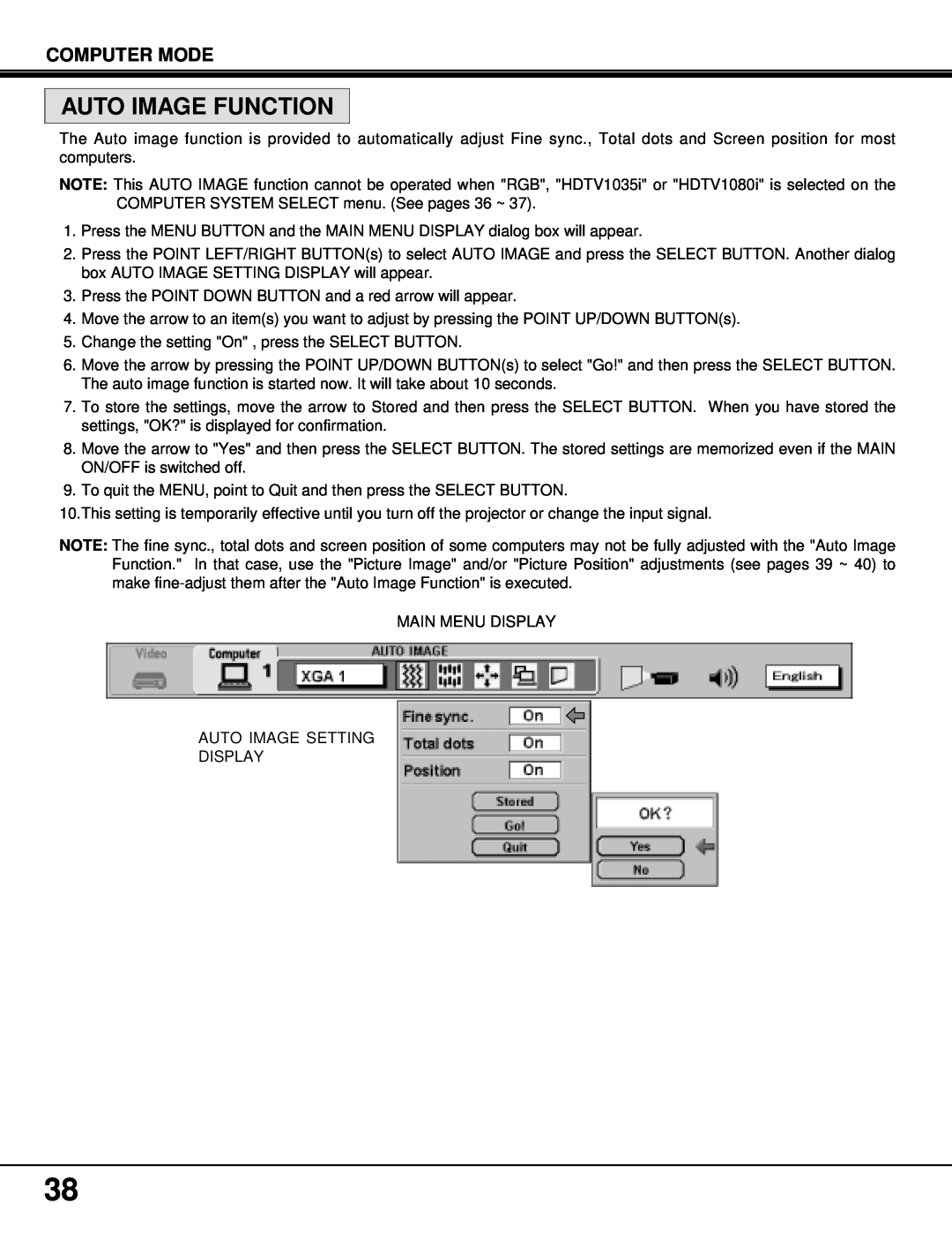 BOXLIGHT MP-37t manual Auto Image Function, Computer Mode 