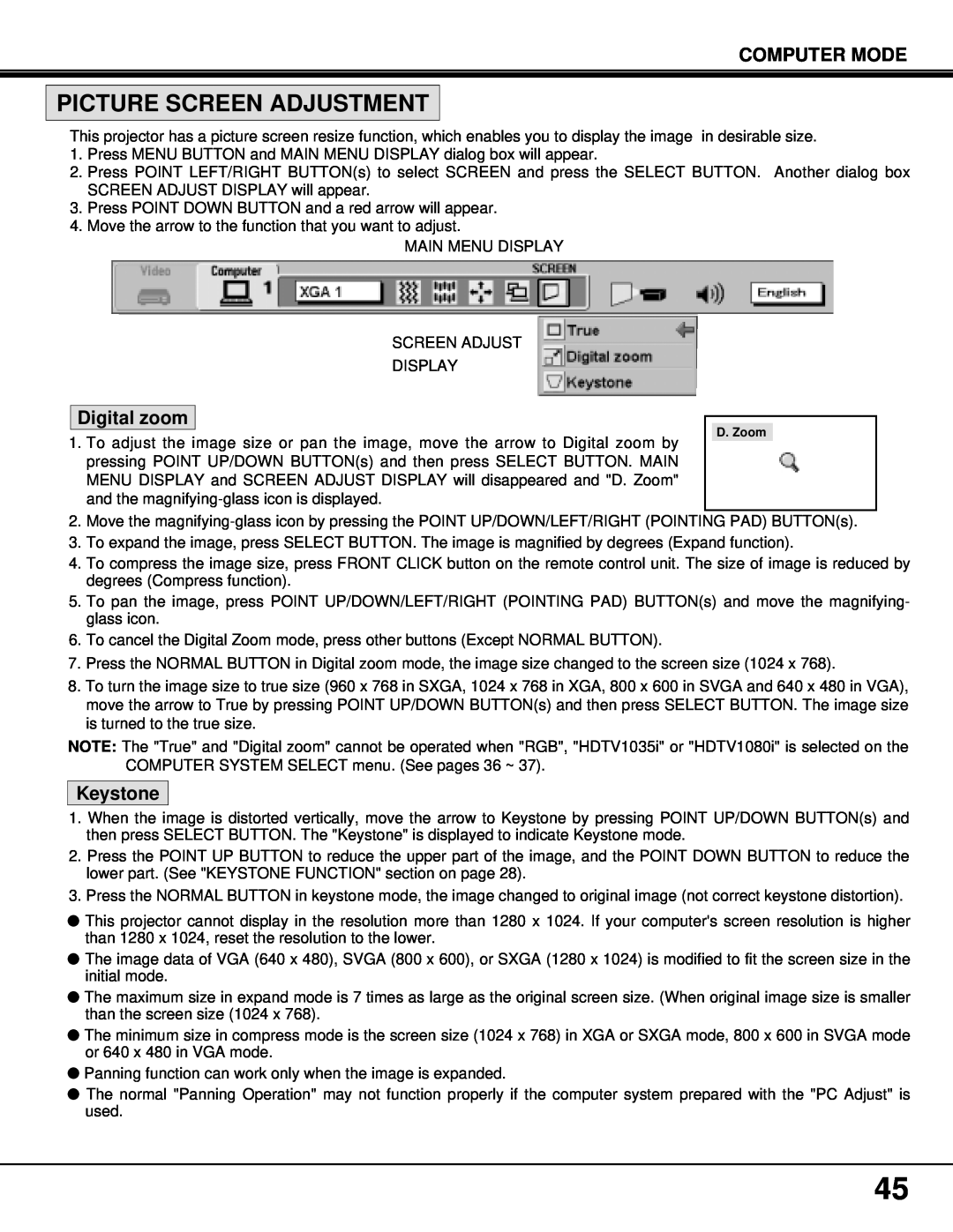 BOXLIGHT MP-37t manual Picture Screen Adjustment, Computer Mode, Digital zoom, Keystone 