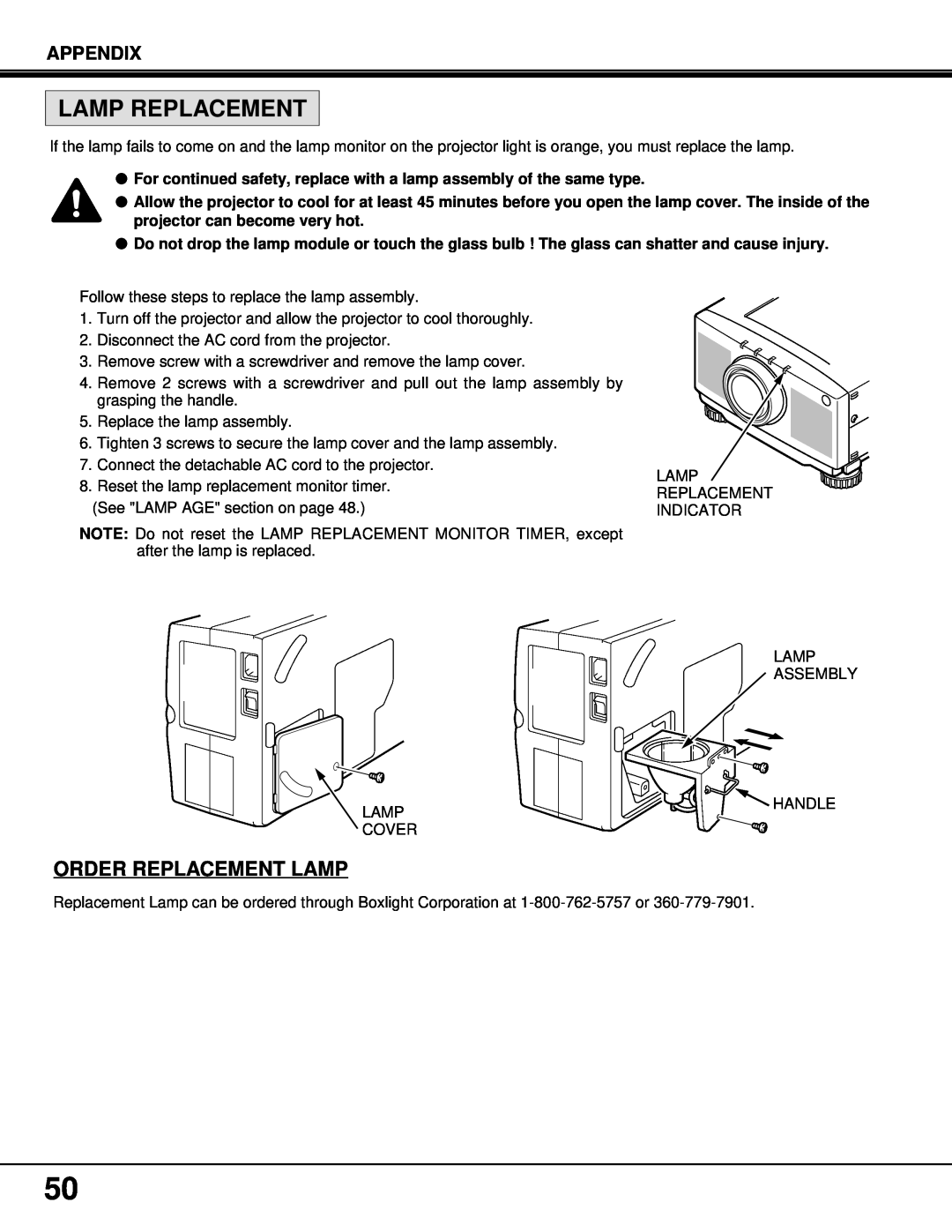 BOXLIGHT MP-37t manual Lamp Replacement, Order Replacement Lamp, Appendix 