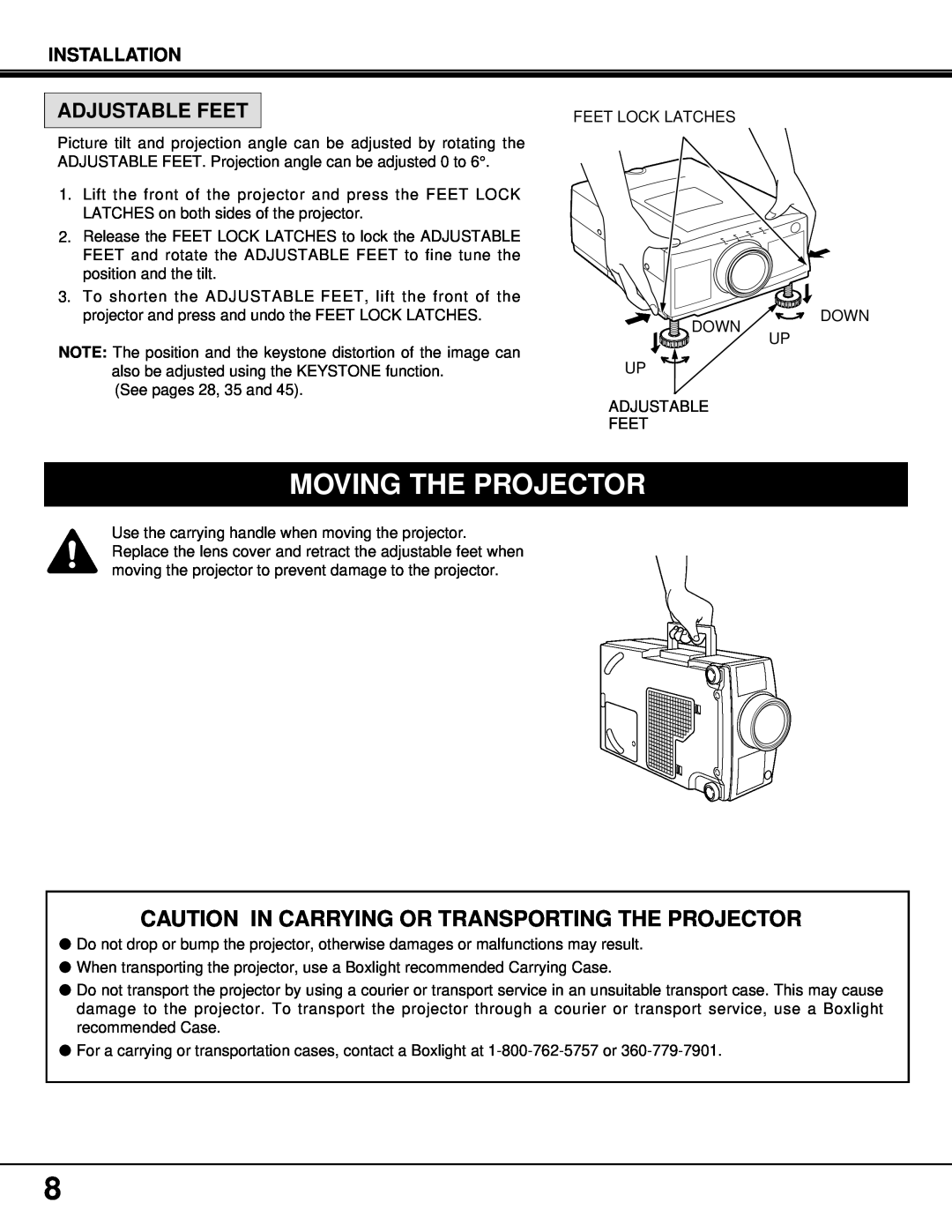 BOXLIGHT MP-37t Moving The Projector, Caution In Carrying Or Transporting The Projector, Adjustable Feet, Installation 