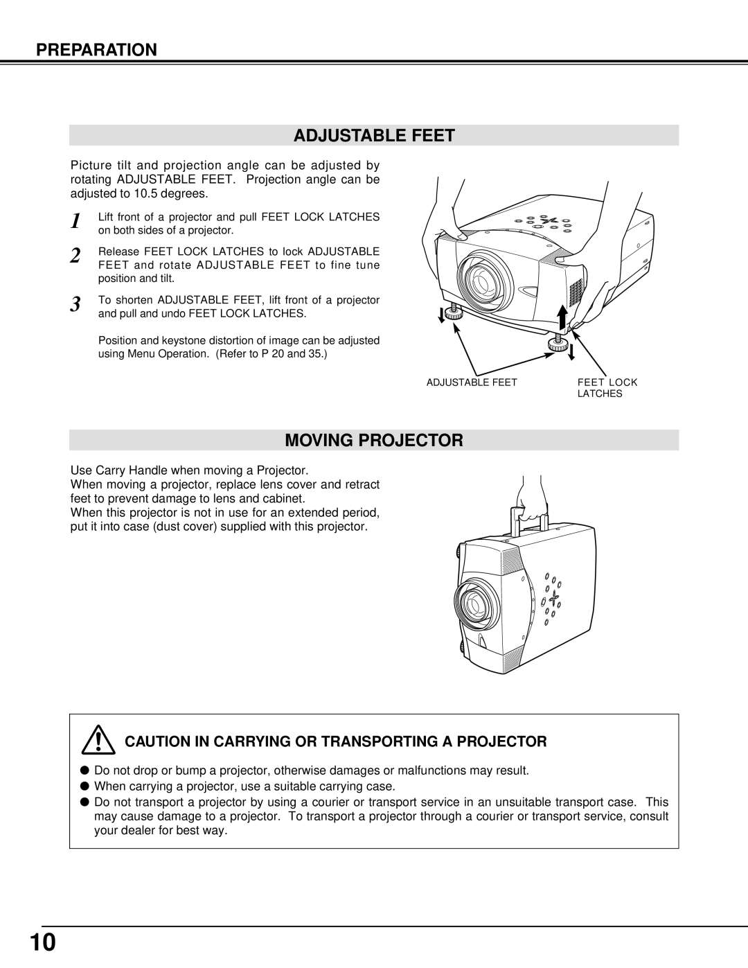 BOXLIGHT MP-385T manual Preparation Adjustable Feet, Moving Projector 