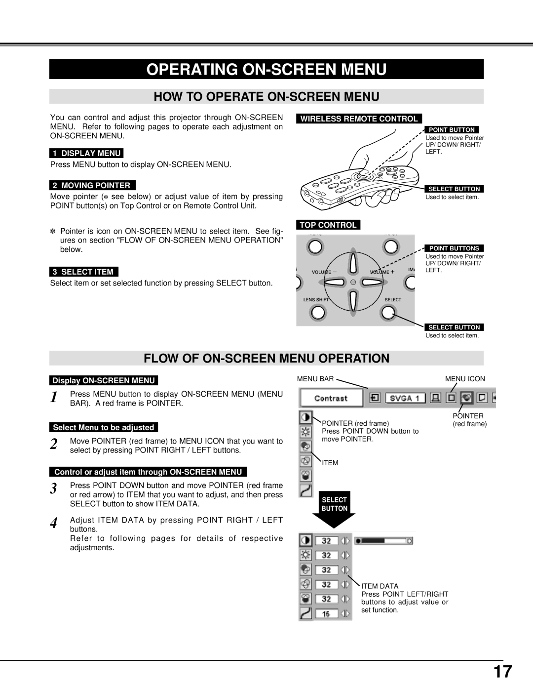 BOXLIGHT MP-385T manual Operating ON-SCREEN Menu, HOW to Operate ON-SCREEN Menu, Flow of ON-SCREEN Menu Operation 