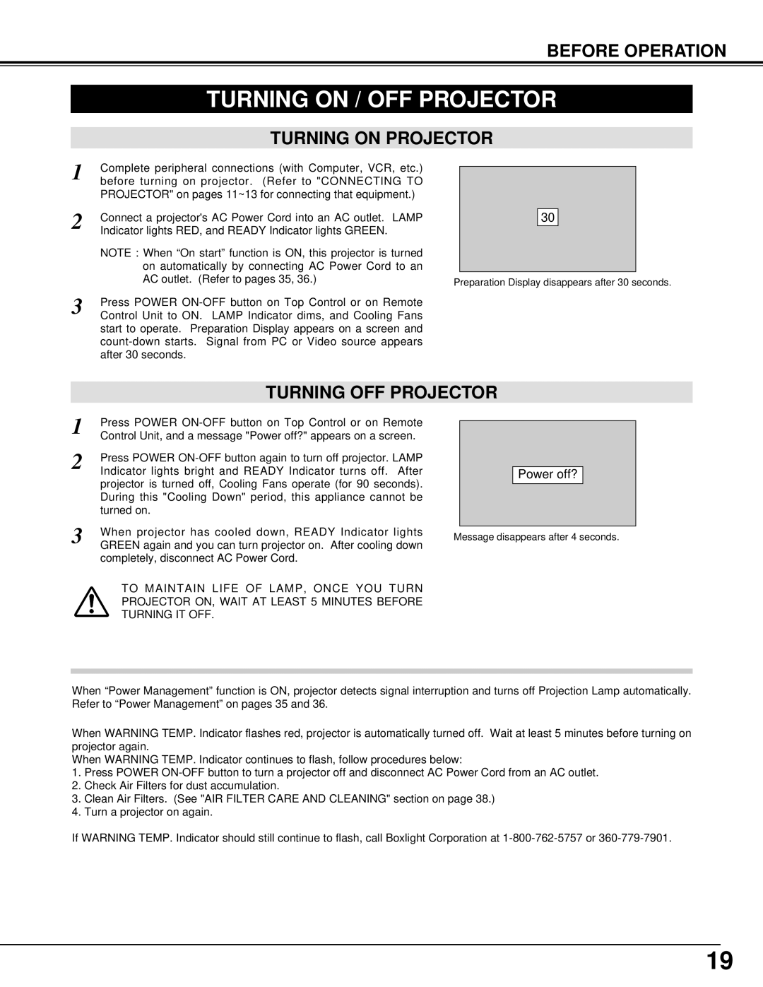 BOXLIGHT MP-385T manual Turning on / OFF Projector, Turning on Projector, Turning OFF Projector 