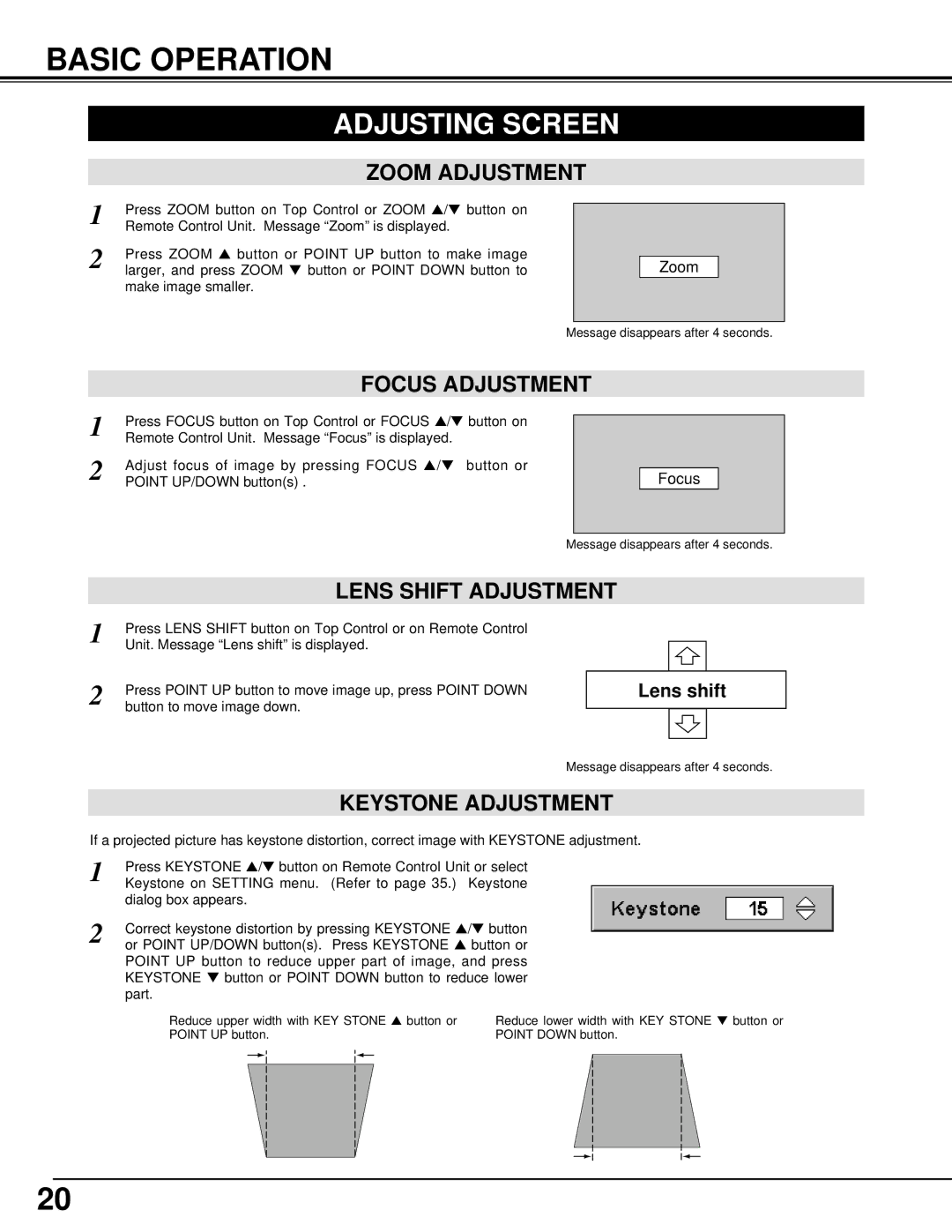 BOXLIGHT MP-385T manual Basic Operation, Adjusting Screen, Zoom Adjustment, Lens Shift Adjustment, Keystone Adjustment 