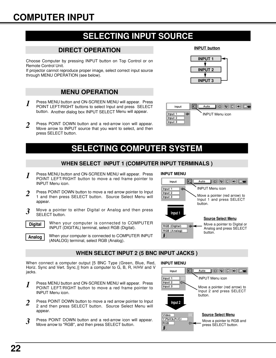 BOXLIGHT MP-385T Computer Input, Selecting Input Source, Selecting Computer System, When Select Input 2 5 BNC Input Jacks 