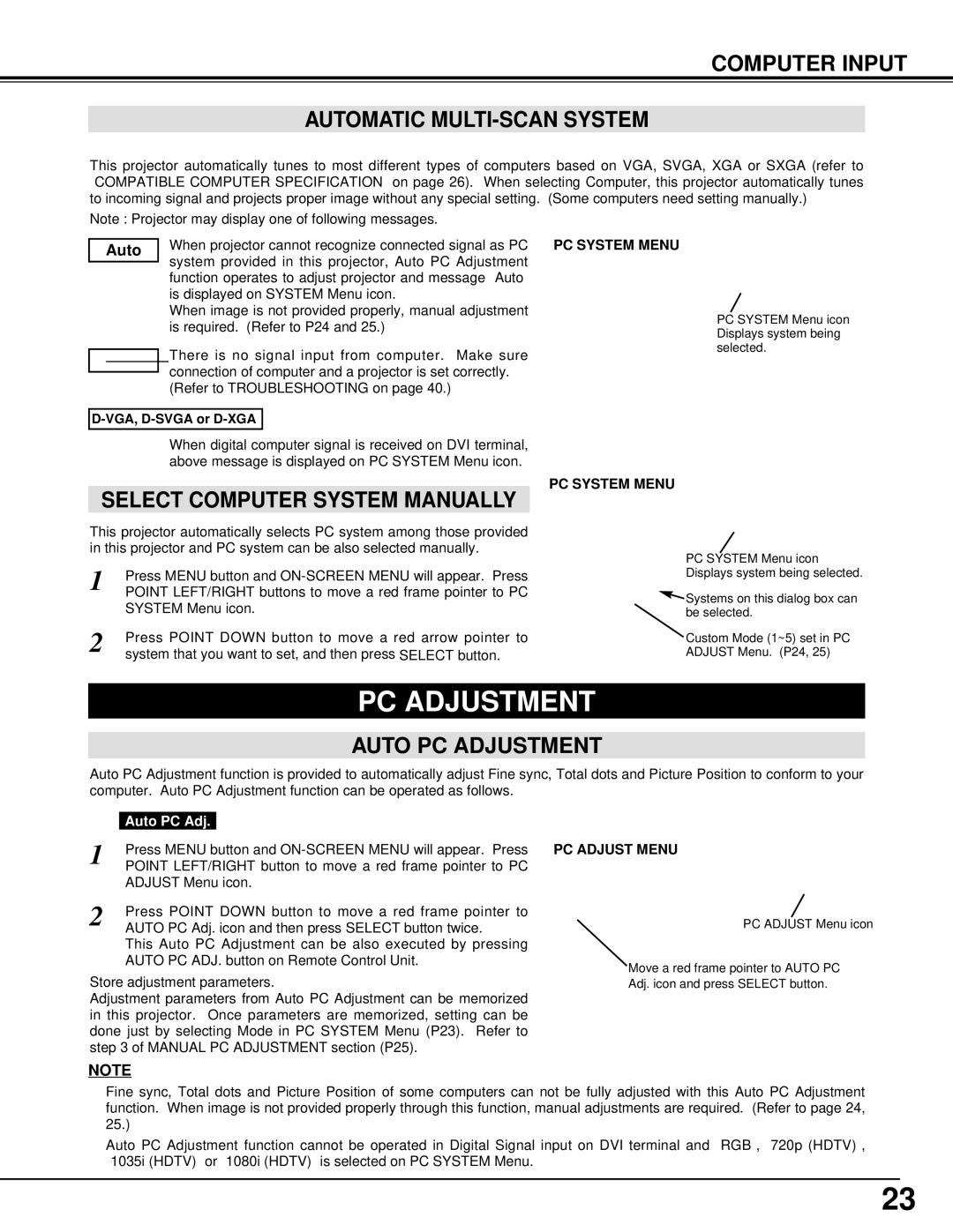 BOXLIGHT MP-385T manual Computer Input Automatic MULTI-SCAN System, Auto PC Adjustment 