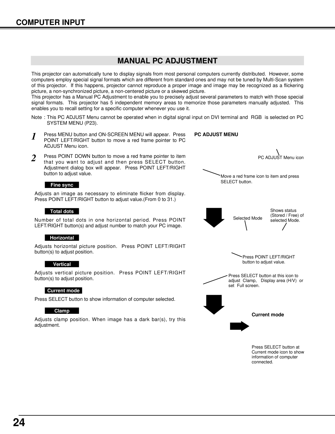 BOXLIGHT MP-385T manual Computer Input Manual PC Adjustment 