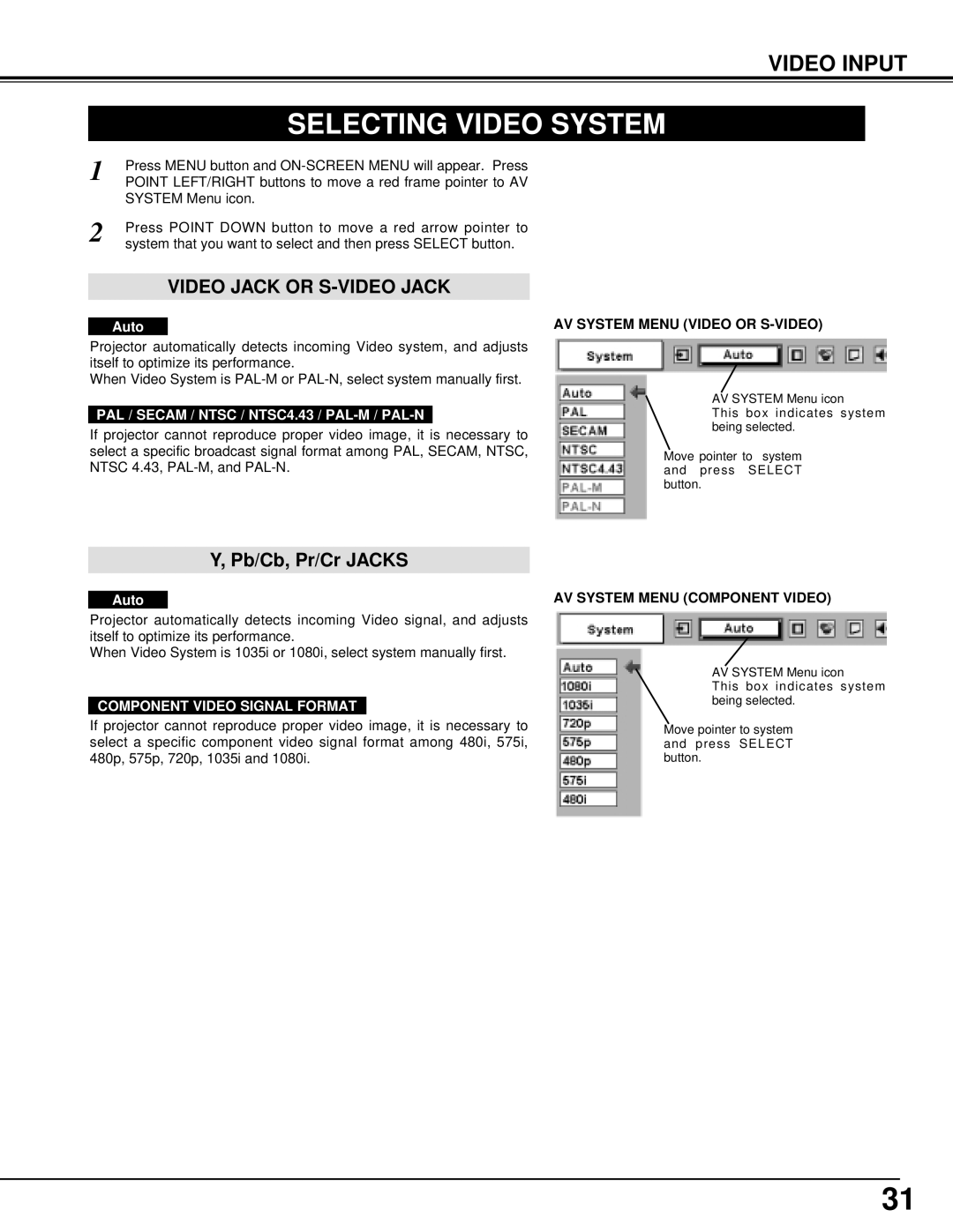 BOXLIGHT MP-385T manual Selecting Video System, Video Input, Video Jack or S-VIDEO Jack, Component Video Signal Format 