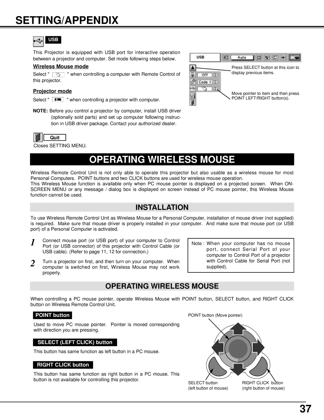 BOXLIGHT MP-385T manual Setting/Appendix, Operating Wireless Mouse, Installation 