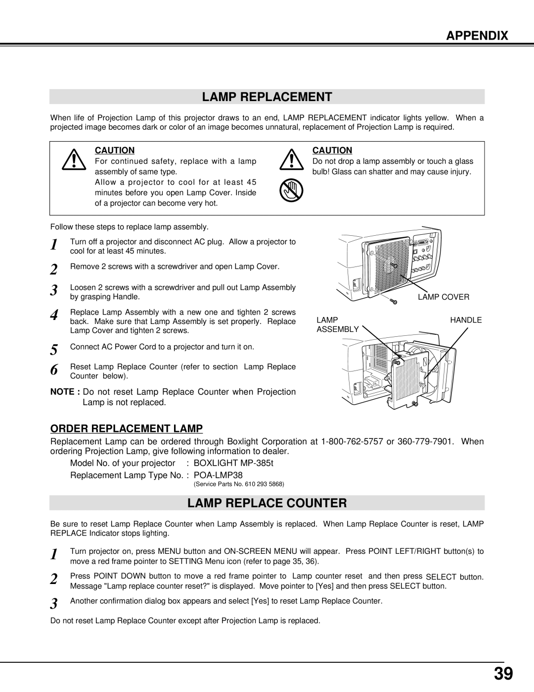 BOXLIGHT MP-385T manual Appendix Lamp Replacement, Lamp Replace Counter, Order Replacement Lamp 