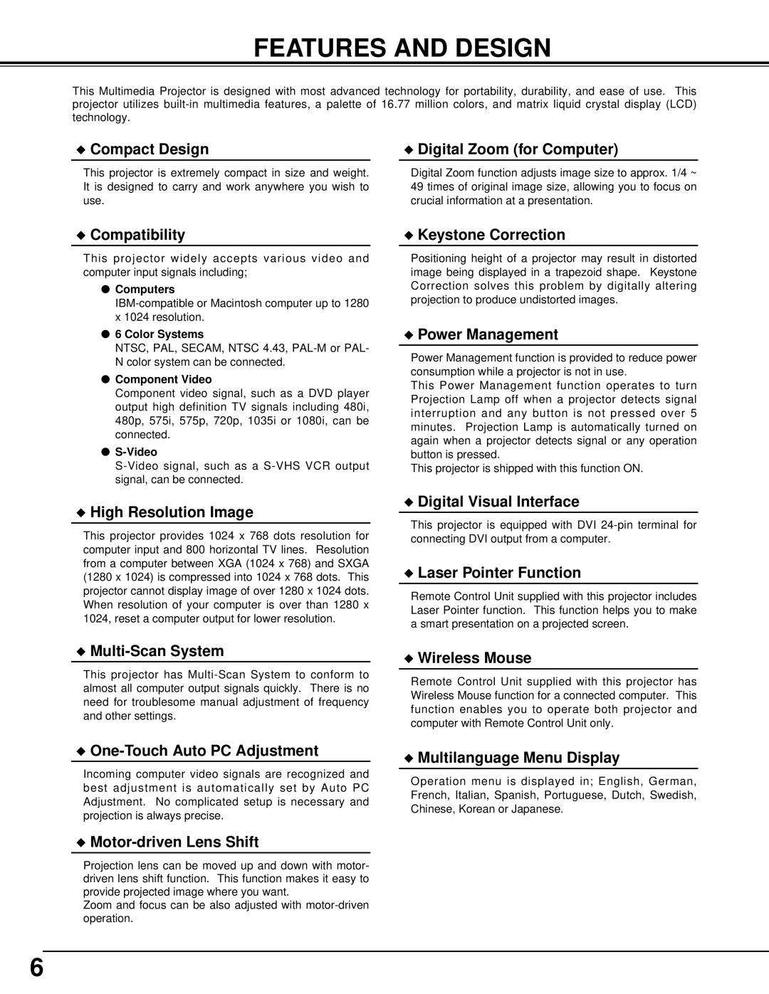 BOXLIGHT MP-385T manual Features and Design, Compact Design Digital Zoom for Computer 