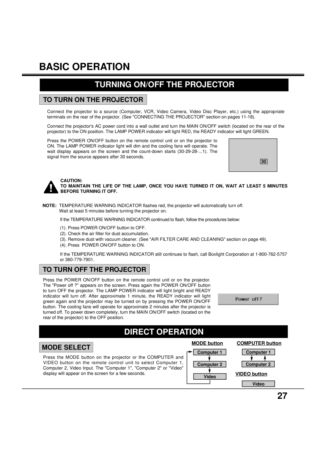 BOXLIGHT MP-38t manual Basic Operation, Turning ON/OFF the Projector, Direct Operation 