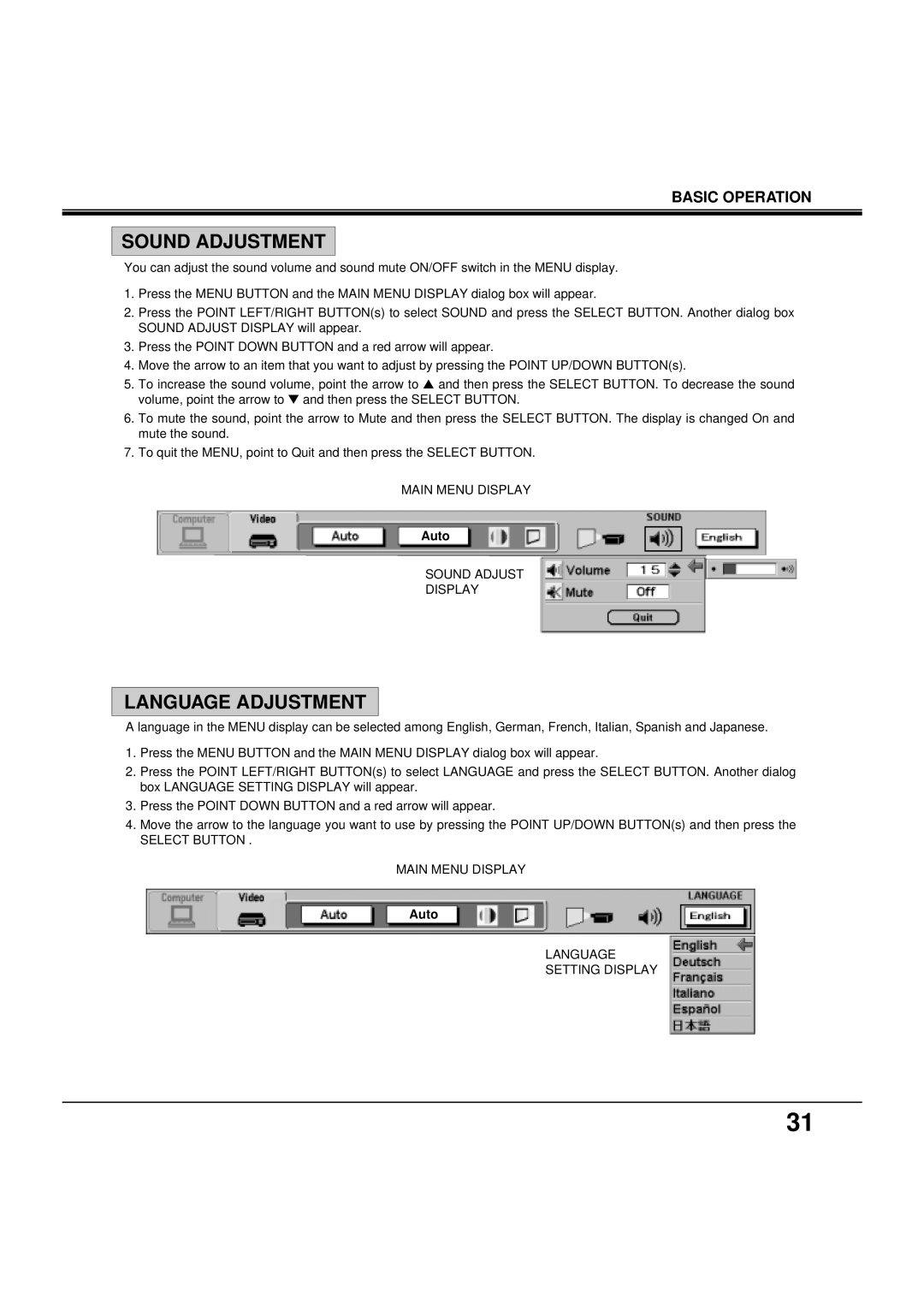 BOXLIGHT MP-38t manual Sound Adjustment, Language Adjustment, Sound Adjust Display, Select Button Main Menu Display 