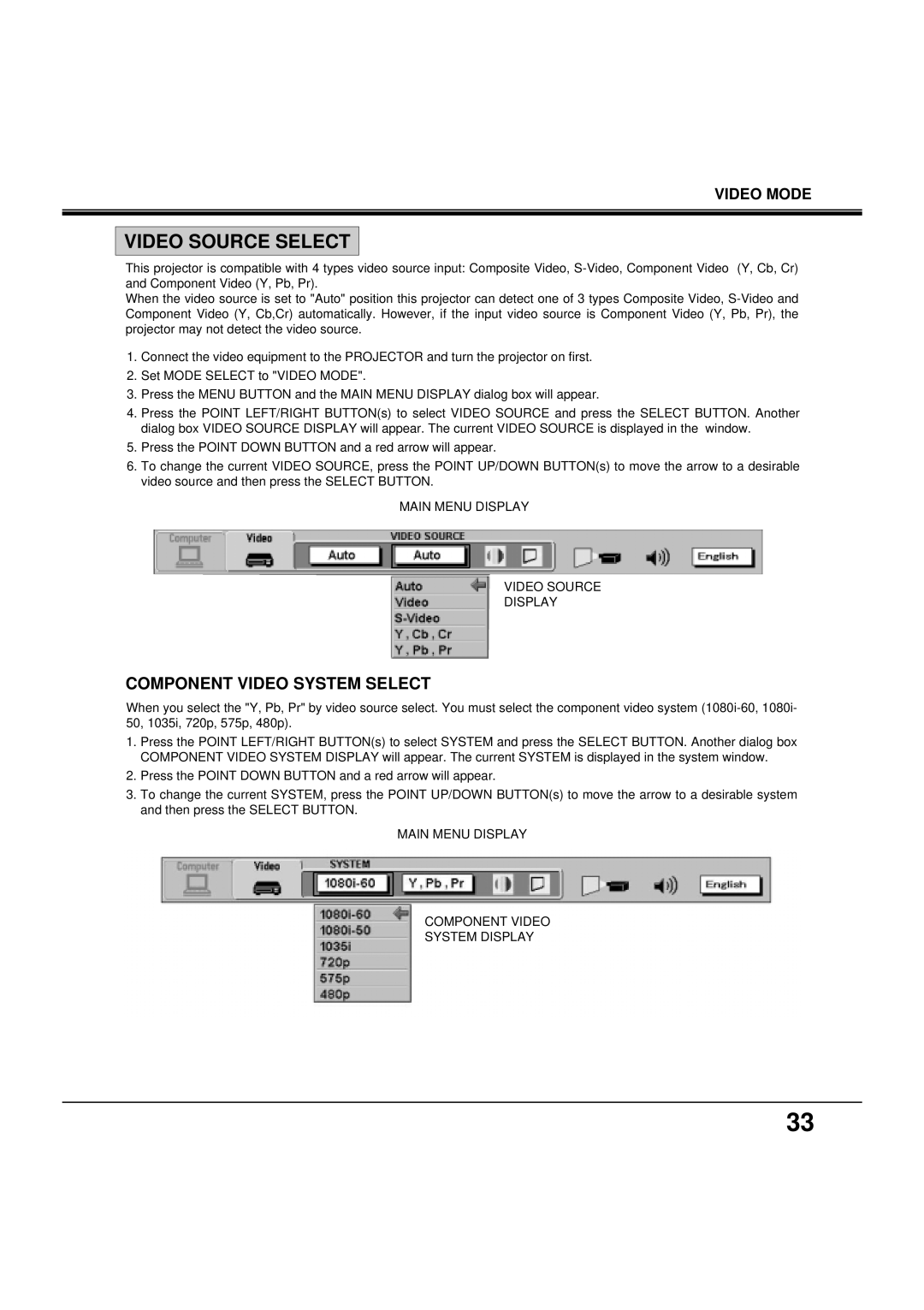 BOXLIGHT MP-38t manual Video Source Select, Component Video System Select, Main Menu Display Video Source 