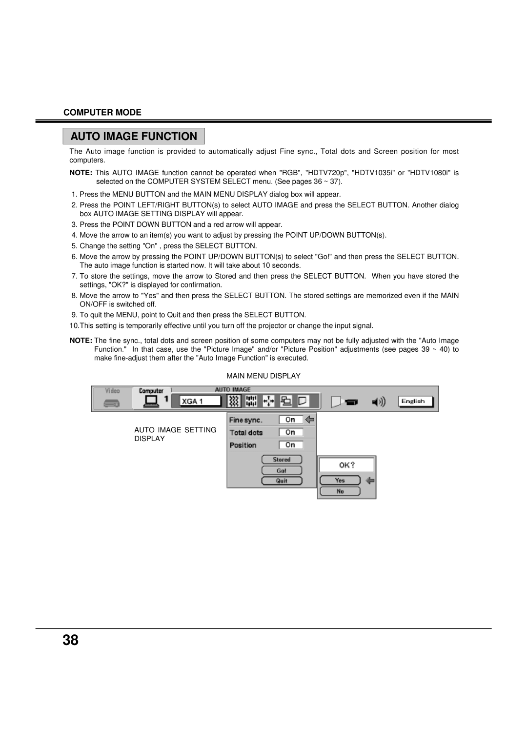 BOXLIGHT MP-38t manual Auto Image Function, Main Menu Display Auto Image Setting 