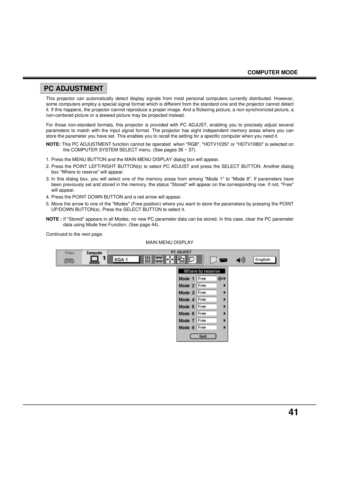 BOXLIGHT MP-38t manual PC Adjustment, Main Menu Display 