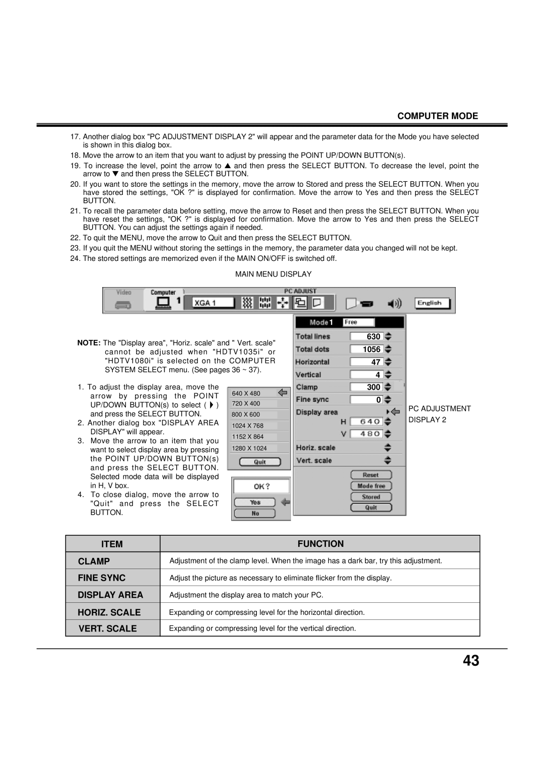 BOXLIGHT MP-38t manual 630 1056, PC Adjustment Display 