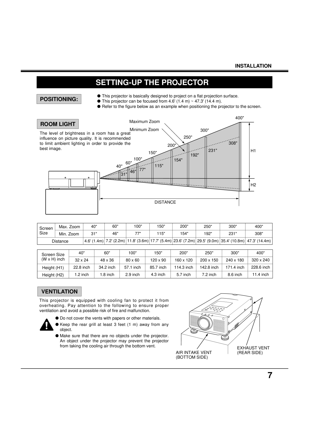 BOXLIGHT MP-38t manual SETTING-UP the Projector, Positioning, Room Light, Ventilation 