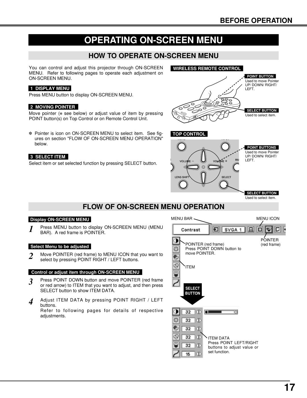 BOXLIGHT MP-39t manual Operating ON-SCREEN Menu, HOW to Operate ON-SCREEN Menu, Flow of ON-SCREEN Menu Operation 