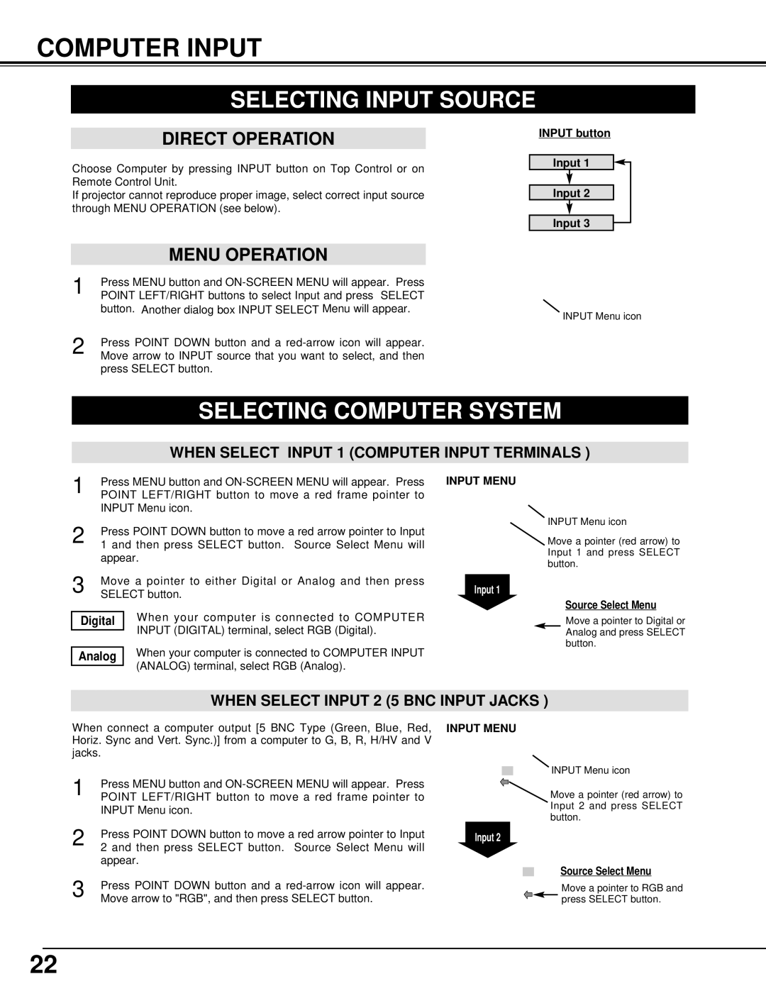 BOXLIGHT MP-39t Computer Input, Selecting Input Source, Selecting Computer System, When Select Input 2 5 BNC Input Jacks 