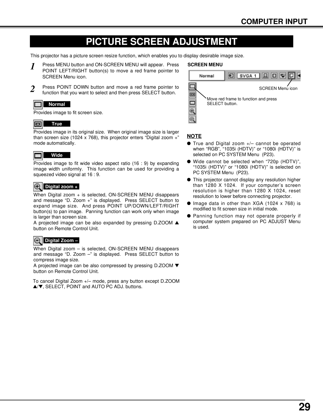 BOXLIGHT MP-39t manual Picture Screen Adjustment, Screen Menu 