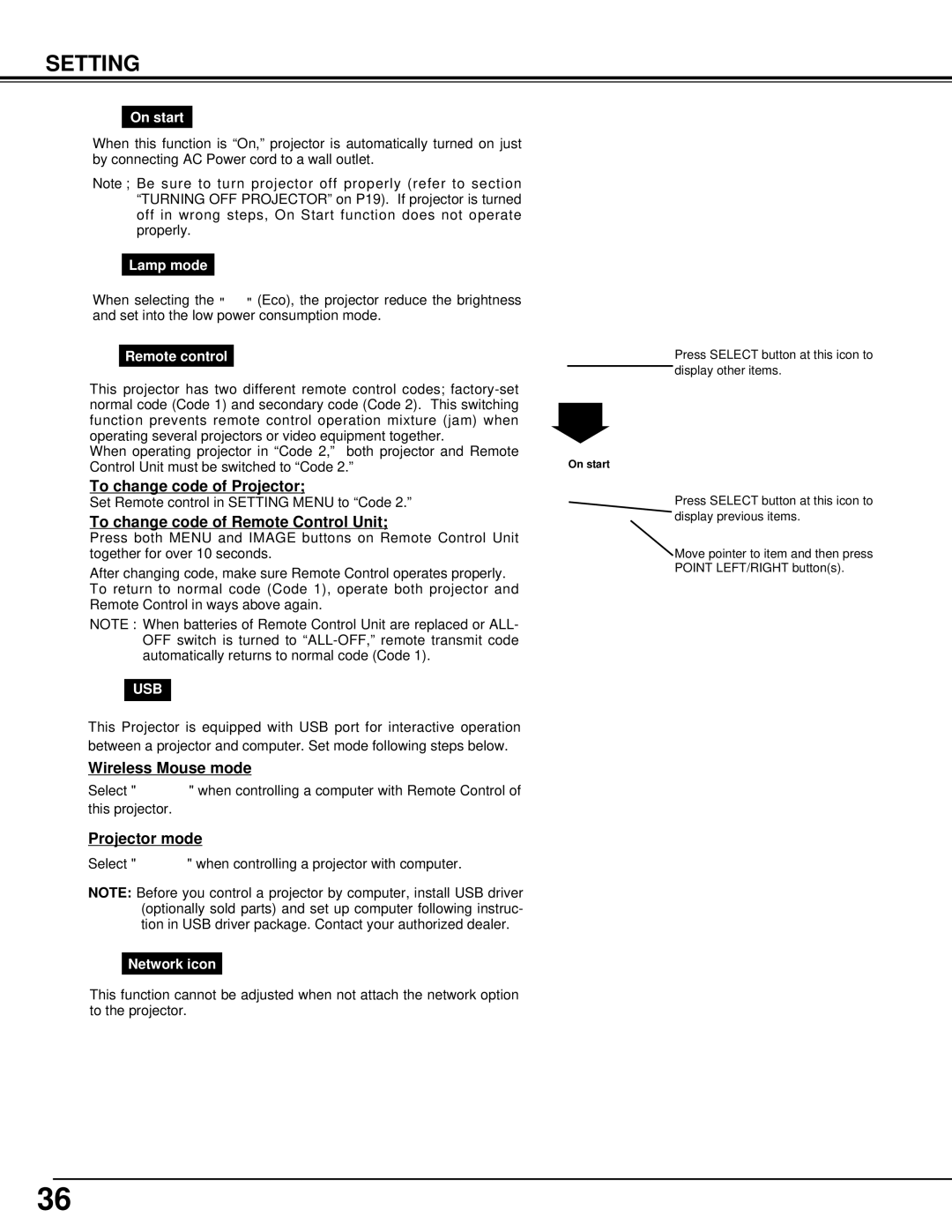 BOXLIGHT MP-39t To change code of Projector, To change code of Remote Control Unit, Wireless Mouse mode, Projector mode 