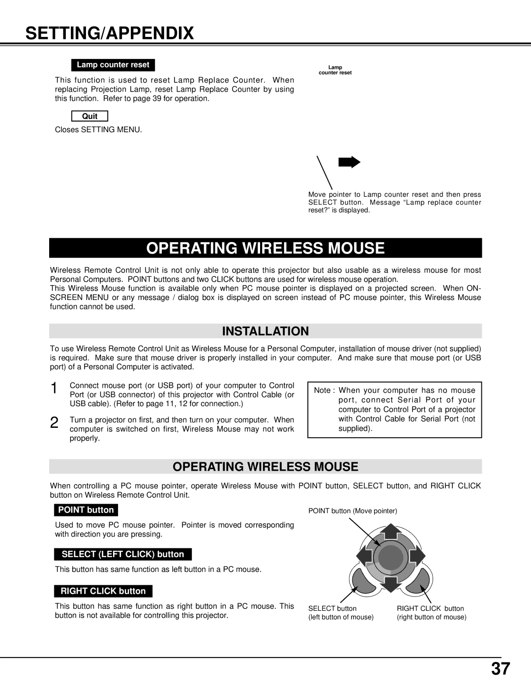 BOXLIGHT MP-39t manual Setting/Appendix, Operating Wireless Mouse, Installation, Lamp counter reset 