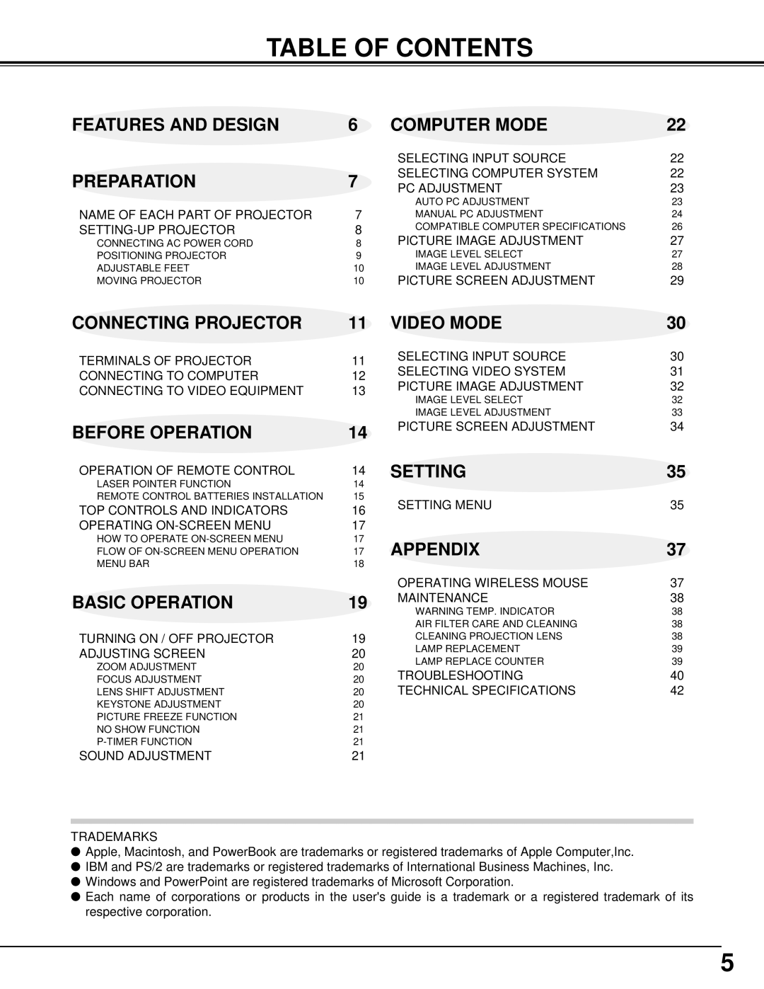 BOXLIGHT MP-39t manual Table of Contents 