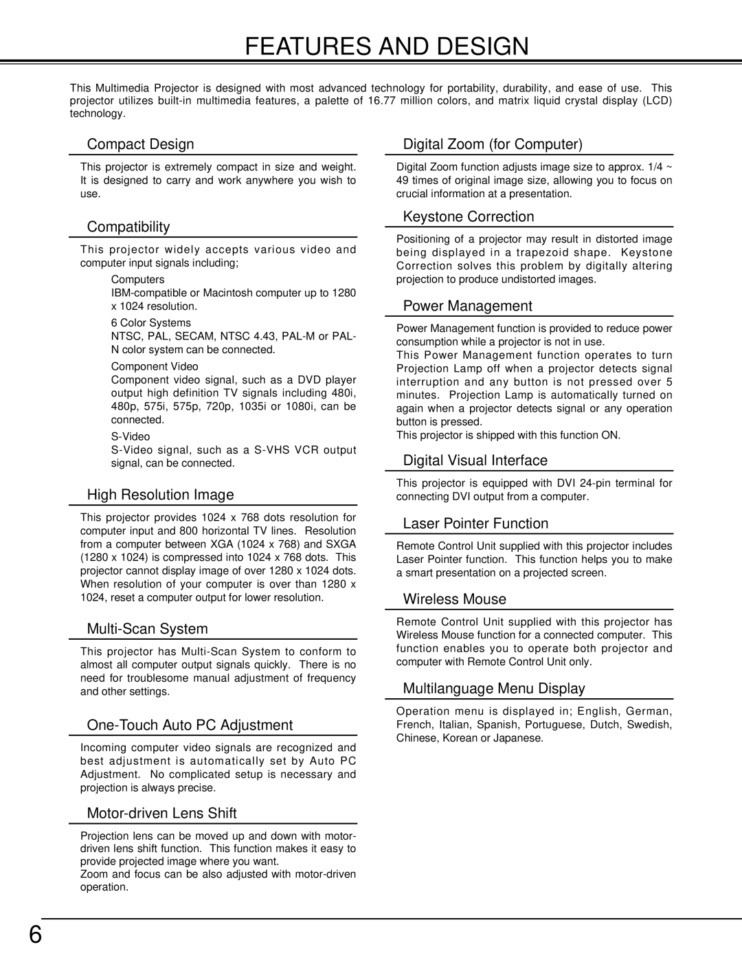 BOXLIGHT MP-39t manual Features and Design, Compact Design Digital Zoom for Computer 