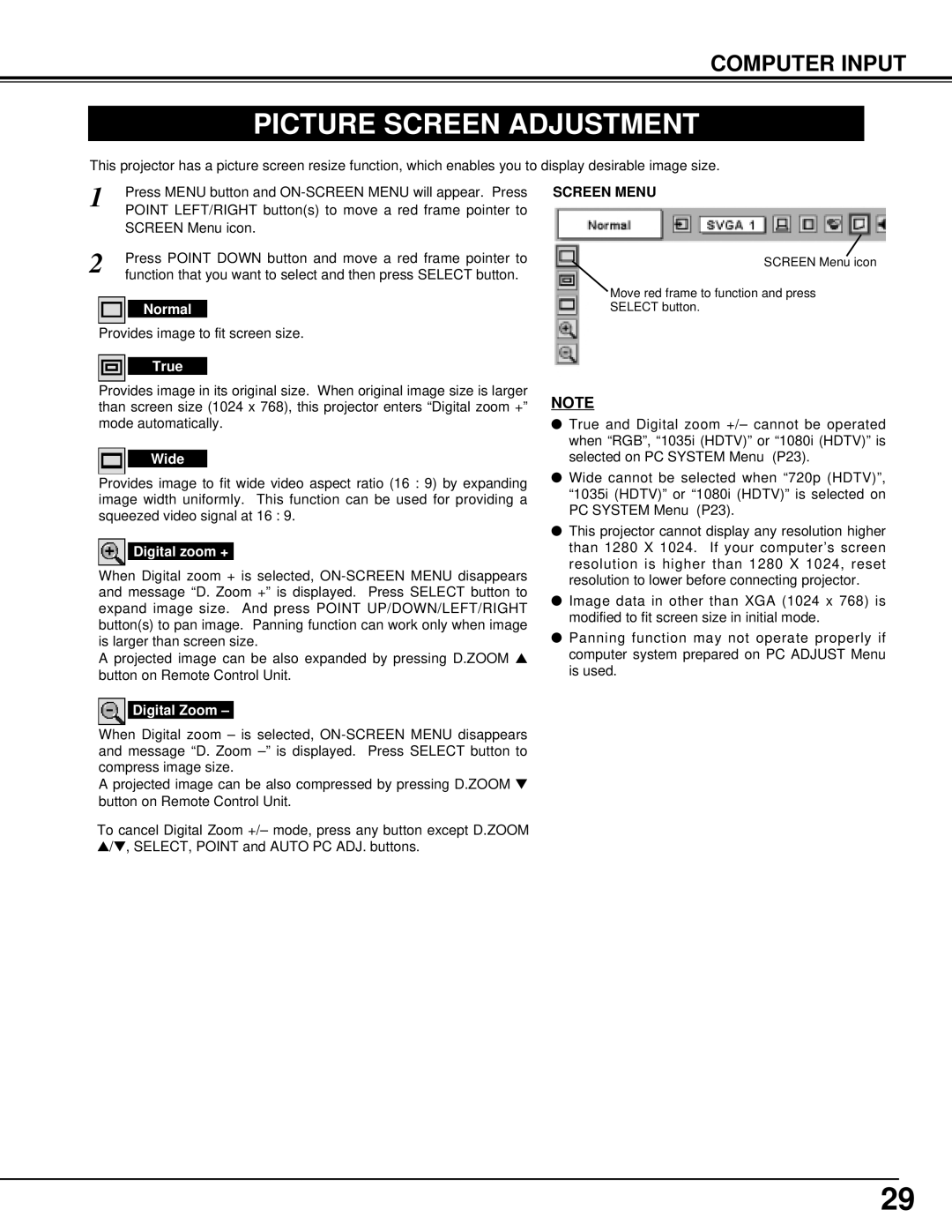 BOXLIGHT MP-41T manual Picture Screen Adjustment, Screen Menu 