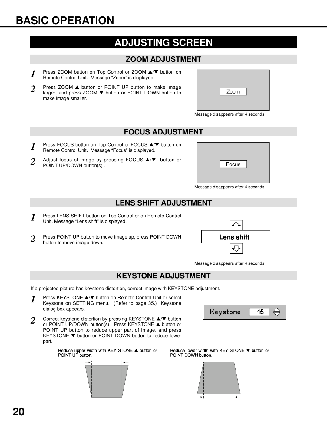 BOXLIGHT MP-41T manual Basic Operation, Adjusting Screen, Zoom Adjustment, Lens Shift Adjustment, Keystone Adjustment 