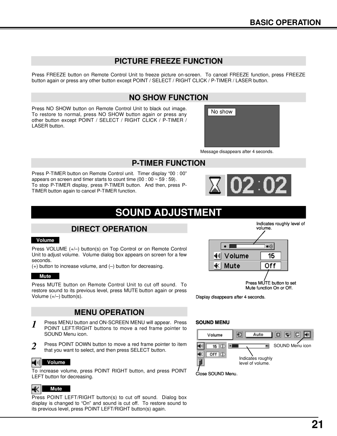 BOXLIGHT MP-41T Sound Adjustment, Basic Operation Picture Freeze Function, No Show Function, P-Timer Function, Sound Menu 