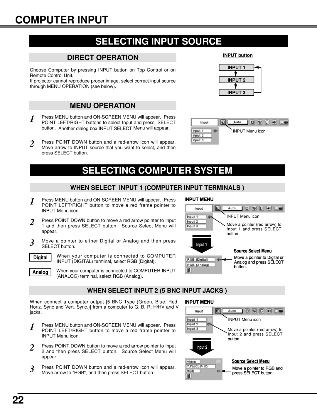 BOXLIGHT MP-41T manual Computer Input, Selecting Input Source, Selecting Computer System, Direct Operation, Menu Operation 